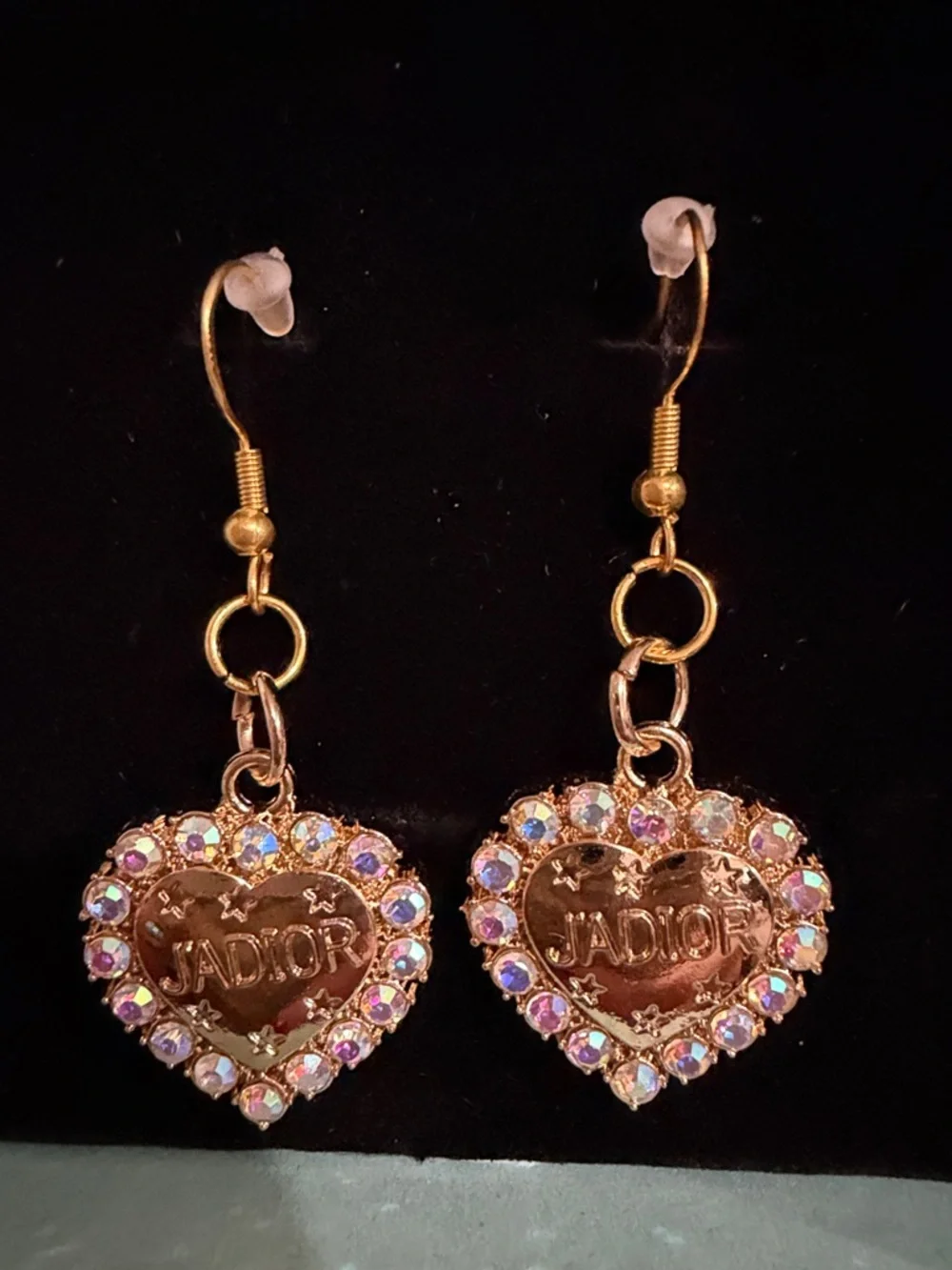 Dior Rose Gold Heart Drop Earrings with Iridescent Pink Crystals - Picture 1 of 4